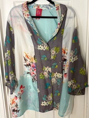 JOHNNY WAS Sheer LIGHTWEIGHT SILK MIDI SLEEVE Top -sz 2x